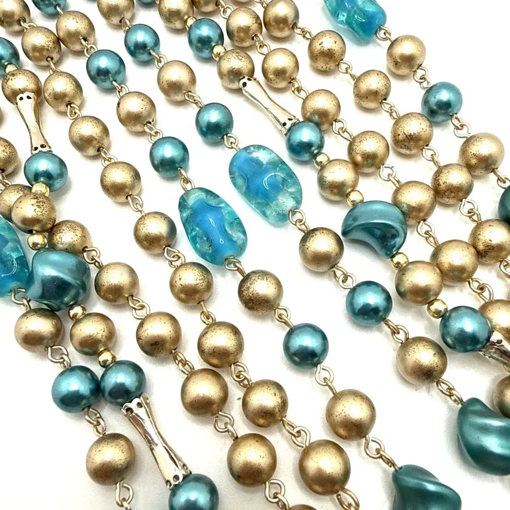 Vintage Japan Multi Strand Beaded Choker Necklace Blue Gold Mid Century 16